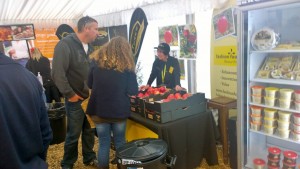Erica discussing fruit attributes development potential with visitors to Fashion foods exhibition at Mystery Creek